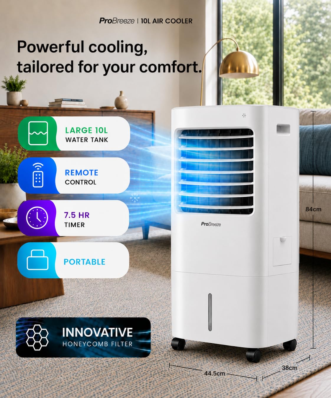 Pro Breeze 4-in-1 Air Cooler with 10 Litre Capacity, Remote Control, 3 Fan Speeds & LED Display. Powerful Evaporative Air Cooler