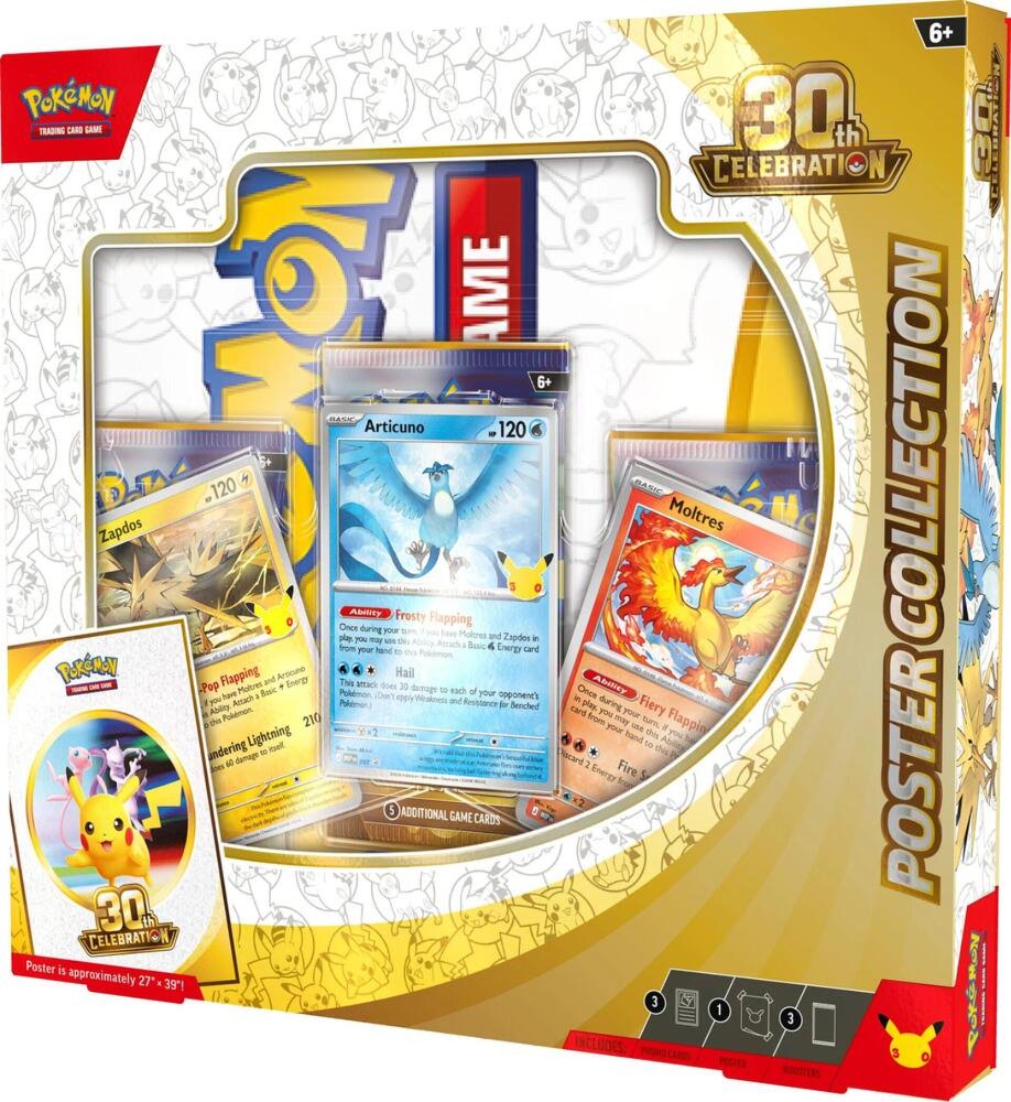 Pokemon TCG 30th Celebration Poster Collection – 3 Foil Promo Cards Featuring Articuno, Zapdos & Moltres, Double-Sided Collector Poster, 3 Booster Packs (PREORDER - Release Date September 16, 2026)